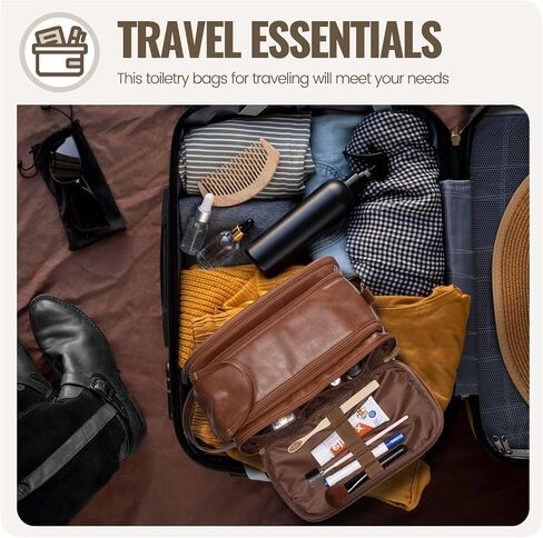 IUI Toiletry Bag for Men - Large Mens Travel Bag Toiletries Organizer- Shaving Bag for Toiletry Bathroom Water-resistant Hanging Dopp Kit PU Leather Cosmetic Bags for Traveling, Brown in Saudi Arabia
