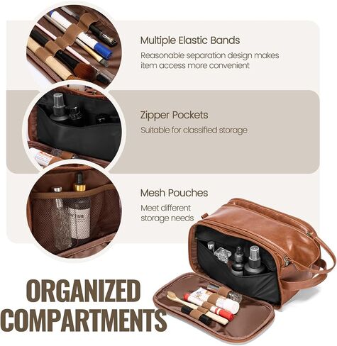 IUI Toiletry Bag for Men - Large Mens Travel Bag Toiletries Organizer- Shaving Bag for Toiletry Bathroom Water-resistant Hanging Dopp Kit PU Leather Cosmetic Bags for Traveling, Brown in Saudi Arabia