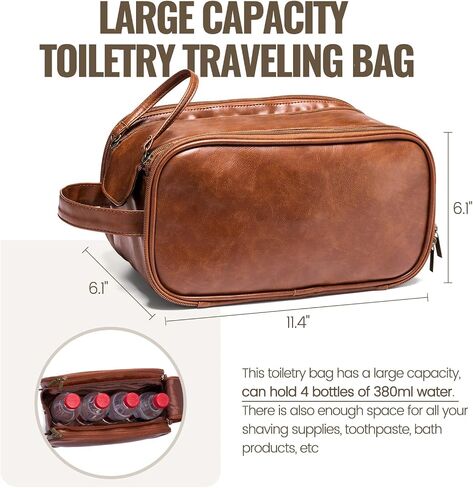 IUI Toiletry Bag for Men - Large Mens Travel Bag Toiletries Organizer- Shaving Bag for Toiletry Bathroom Water-resistant Hanging Dopp Kit PU Leather Cosmetic Bags for Traveling, Brown in Saudi Arabia