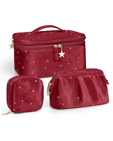 حقيبة مكياج Wedama للنساء ، حقيبة مستحضرات تجميل مزدوجة الطبقات مع تخزين المجوهرات وحامل الفرشاة 3 PCS Velvet Makeup Organizer Bag Bag Hage Travel Ragy For Women Girls ، Blue in Kuwait