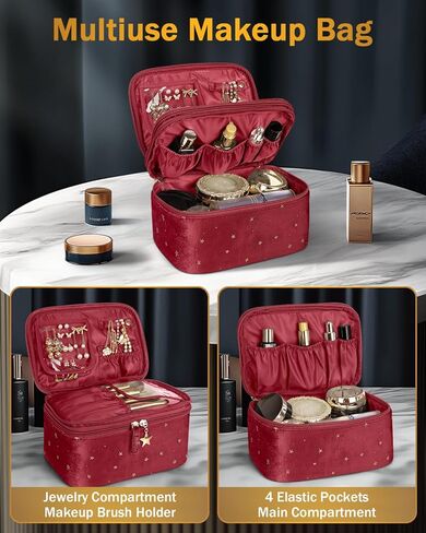 حقيبة مكياج Wedama للنساء ، حقيبة مستحضرات تجميل مزدوجة الطبقات مع تخزين المجوهرات وحامل الفرشاة 3 PCS Velvet Makeup Organizer Bag Bag Hage Travel Ragy For Women Girls ، Blue in Kuwait