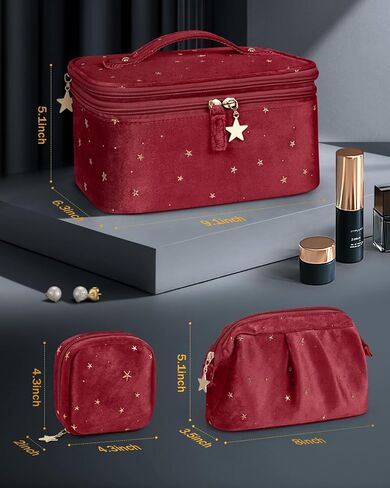 حقيبة مكياج Wedama للنساء ، حقيبة مستحضرات تجميل مزدوجة الطبقات مع تخزين المجوهرات وحامل الفرشاة 3 PCS Velvet Makeup Organizer Bag Bag Hage Travel Ragy For Women Girls ، Blue in Kuwait