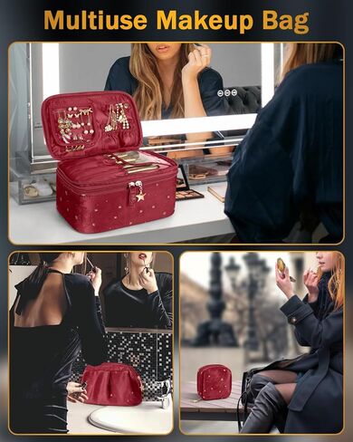 حقيبة مكياج Wedama للنساء ، حقيبة مستحضرات تجميل مزدوجة الطبقات مع تخزين المجوهرات وحامل الفرشاة 3 PCS Velvet Makeup Organizer Bag Bag Hage Travel Ragy For Women Girls ، Blue in Kuwait