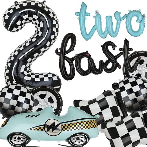 Two Fast Birthday Decorations 40 Inch Racetrack Number Balloons 2 Black Two Fast Letter Banner Balloon 2nd Racing Vintage Race Car Racing Theme Birthday Party Decor Set Black Blue in Kuwait