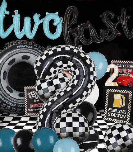 Two Fast Birthday Decorations 40 Inch Racetrack Number Balloons 2 Black Two Fast Letter Banner Balloon 2nd Racing Vintage Race Car Racing Theme Birthday Party Decor Set Black Blue in Kuwait