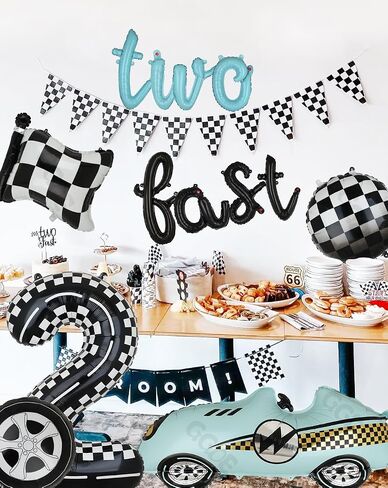 Two Fast Birthday Decorations 40 Inch Racetrack Number Balloons 2 Black Two Fast Letter Banner Balloon 2nd Racing Vintage Race Car Racing Theme Birthday Party Decor Set Black Blue in Kuwait