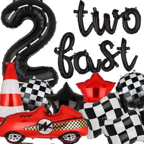 Two Fast Birthday Decorations 40 Inch Racetrack Number Balloons 2 Black Two Fast Letter Banner Balloon 2nd Racing Vintage Race Car Racing Theme Birthday Party Decor Set Black Blue in Kuwait