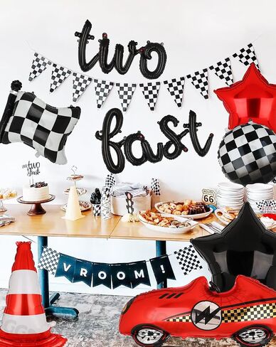 Two Fast Birthday Decorations 40 Inch Racetrack Number Balloons 2 Black Two Fast Letter Banner Balloon 2nd Racing Vintage Race Car Racing Theme Birthday Party Decor Set Black Blue in Kuwait