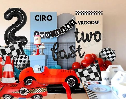 Two Fast Birthday Decorations 40 Inch Racetrack Number Balloons 2 Black Two Fast Letter Banner Balloon 2nd Racing Vintage Race Car Racing Theme Birthday Party Decor Set Black Blue in Kuwait