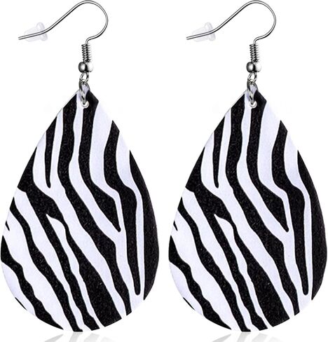 Zebra Print Earrings for Women Black and White Leather Teardrop Dangle Drop Jewelry Outfits Accessories in Saudi Arabia