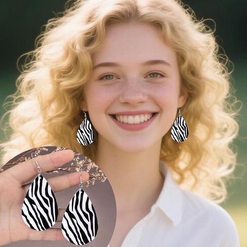 Zebra Print Earrings for Women Black and White Leather Teardrop Dangle Drop Jewelry Outfits Accessories in Saudi Arabia