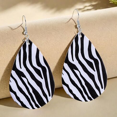 Zebra Print Earrings for Women Black and White Leather Teardrop Dangle Drop Jewelry Outfits Accessories in Saudi Arabia