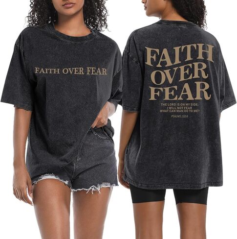 Faith Over Fear Christian Shirts for Women Oversized Jesus God Bible Verse Religious Tees Acid Wash Tshirts Tops in Kuwait