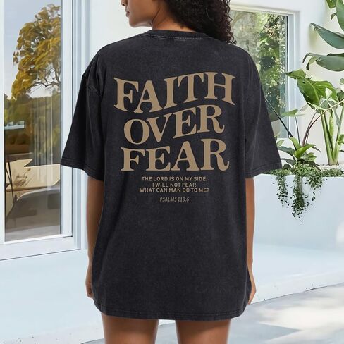 Faith Over Fear Christian Shirts for Women Oversized Jesus God Bible Verse Religious Tees Acid Wash Tshirts Tops in Kuwait
