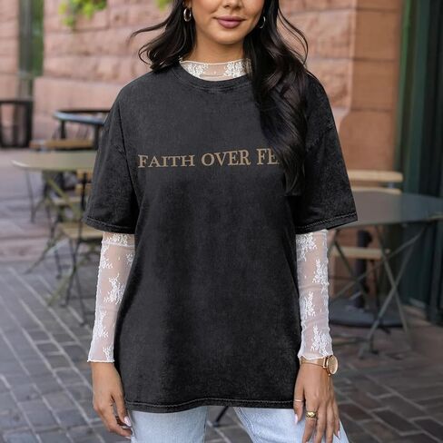 Faith Over Fear Christian Shirts for Women Oversized Jesus God Bible Verse Religious Tees Acid Wash Tshirts Tops in Kuwait
