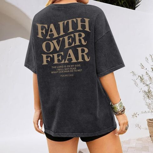 Faith Over Fear Christian Shirts for Women Oversized Jesus God Bible Verse Religious Tees Acid Wash Tshirts Tops in Kuwait
