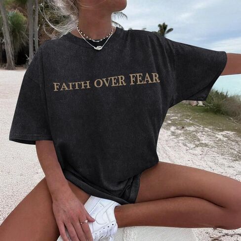 Faith Over Fear Christian Shirts for Women Oversized Jesus God Bible Verse Religious Tees Acid Wash Tshirts Tops in Kuwait