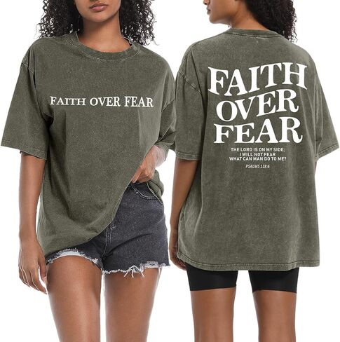 Faith Over Fear Christian Shirts for Women Oversized Jesus God Bible Verse Religious Tees Acid Wash Tshirts Tops in Kuwait
