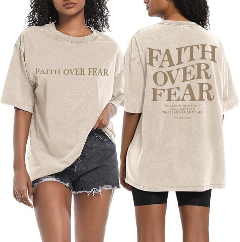 Faith Over Fear Christian Shirts for Women Oversized Jesus God Bible Verse Religious Tees Acid Wash Tshirts Tops in Kuwait