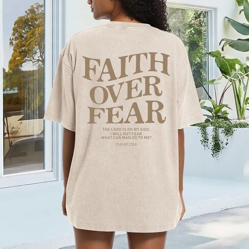 Faith Over Fear Christian Shirts for Women Oversized Jesus God Bible Verse Religious Tees Acid Wash Tshirts Tops in Kuwait