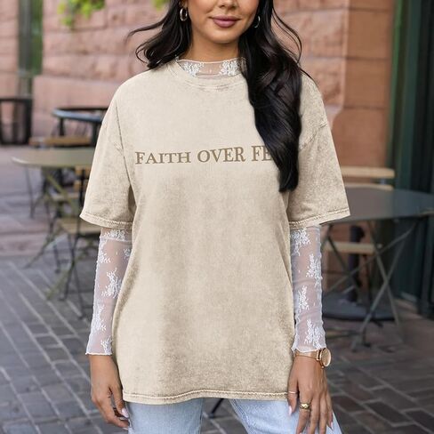 Faith Over Fear Christian Shirts for Women Oversized Jesus God Bible Verse Religious Tees Acid Wash Tshirts Tops in Kuwait