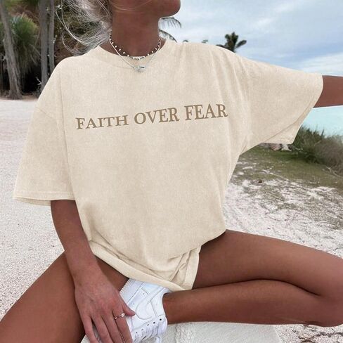 Faith Over Fear Christian Shirts for Women Oversized Jesus God Bible Verse Religious Tees Acid Wash Tshirts Tops in Kuwait