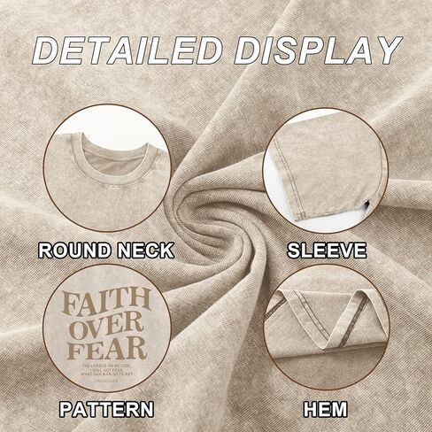 Faith Over Fear Christian Shirts for Women Oversized Jesus God Bible Verse Religious Tees Acid Wash Tshirts Tops in Kuwait