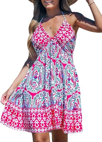 CUPSHE Women's Backless Halter Beach Dress Boho Ruffle Plunge V Neck Mini Sundress Summer Dresses in Saudi Arabia
