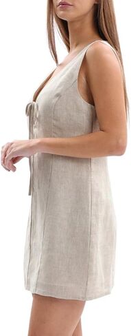Amazhiyu Womens 100% Linen Summer V Neck Tie Front Sleeveless Mini Tank Dress in Saudi Arabia