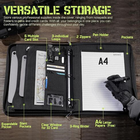 محفظة دفاتر تكتيكية محفظة بادوفوفيو رنين مع Zipper Army Military Bookner يحتوي على 25 ورقة ورقة A4 و Binder 3 حلقة القابلة للانفصال حقيبة المقبض متعددة التخزينات القابلة للفصل للعمل الخارجي in Saudi Arabia