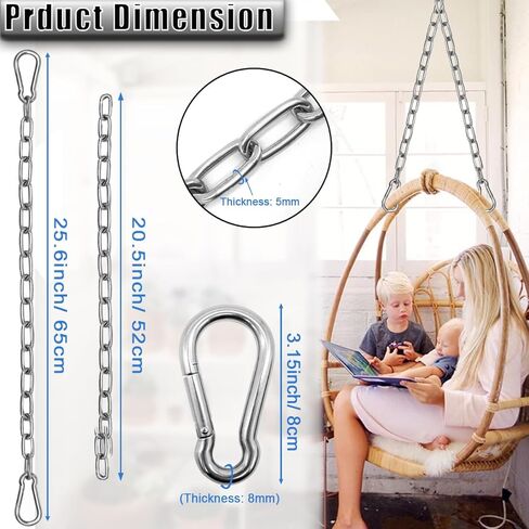 2 Pack Hanging Swing Chain with 4 Carabiners 25.6in, 660LB Capacity Heavy Duty Hammock Hardware Kit for Punching Bags, Swing Chairs, Indoor & Outdoor Gym (Black) in Kuwait