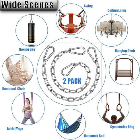 2 Pack Hanging Swing Chain with 4 Carabiners 25.6in, 660LB Capacity Heavy Duty Hammock Hardware Kit for Punching Bags, Swing Chairs, Indoor & Outdoor Gym (Black) in Kuwait