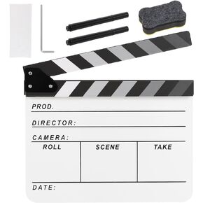 Film Directors Clapboard, Move Slate Photography Video TV Cut Action Scene Acrylic Clapper Board Props with a Magnetic Blackboard Eraser, Two Custom Pens, Cleaning Cloth and Hex Wrench (Black)