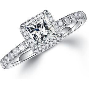 MOOSEA Halo Moissanite Rings for Women, 1.5ct Princess D Color VVS1 Clarity Lab Created Diamond Rings 14K White Gold Vermeil Luxury 4 Claw Moissanite Wedding Rings for Women Mom Wife Girlfriend Gifts