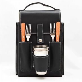 Inspirational Camping Set - Authentic PU Leather Design, Portable Camping Plates and Utensils - Ideal Picnic Plates and Utensils Set for Adventurers, Travel Plate and Utensil Set