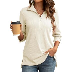 Womens Tops Dressy Casual Shirt 3/4 Sleeve V Neck Business Casual Blouses Zipper Collar Women Polo Shirts