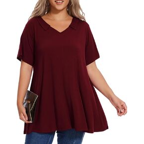 OVERWORETY Short Sleeve Plus Size Tops for Women Polo V Neck Tunic T-Shirt