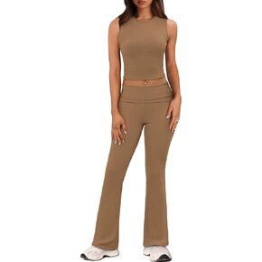 XIEERDUO Lounge Sets For Women 2 Piece Casual Y2K Outfits Sleeveless Cropped Tank Top Fold Over Flare Pants Set Tracksuits