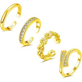 4PCS 14K Gold Filled Toe Rings for Women Adjustable Hug Flower Simple Band CZ Toe Ring Set Open Adjustable Toe Rings Summer Beach Foot Jewelry Set