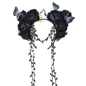MOSTORY Black Flower Crown Headband - Gothic Floral Headpiece with Butterfly Dark Fairy Crown for Women Witch Aesthetic Renfaire Renaissance Party Cosplay