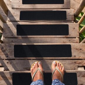 S&X Outdoor Stair Treads Non-Slip Safety Tape, 6" x 24", 5-Pack, Pre-Cut Anti Slip Tape with Reflective Stripe, Heavy Duty Traction Grip Tape for Wooden Steps, Concrete Stairs, Decks