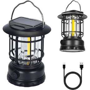 Solar Camping Lantern, USB Rechargeable Retro Dimmable Horse Camp Lamp Outdoor IPX4 Waterproof Vintage Portable Tent Light for Indoor Outages Hiking Emergency, Black