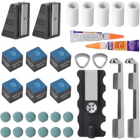 30 pcs Pool Cue Repair Kit: 1 5in1 Pool Cue Tips Repair Tool 2 Pool Cue Tip Clamp 12 Billiard Cue Tips 5 Ferrules 6 Chalk Cubes 2 Cue Tips Trimmers 2 Cue Tip Glue