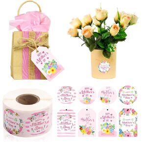 600PCS Happy Mother's Day Gift Tags and Stickers, 4 Styles Floral Hanging Labels with String 500PCS 1.5" Adhesive Labels for Mother's Day Business Personal Decorative Gift Wrapping