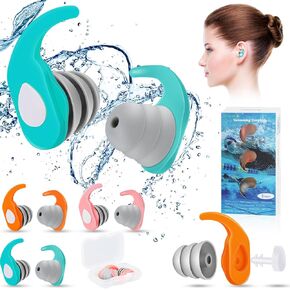 سدادات الأذن للسباحة 3 أزواج من البالغين والأطفال، سدادات أذن للسباحين، سدادات أذن للسباحين للرجال والنساء، سدادات أذن سيليكون مقاومة للماء للسباحة والغطس والاستحمام وركوب الأمواج (فيروزي برتقالي وردي) in Kuwait