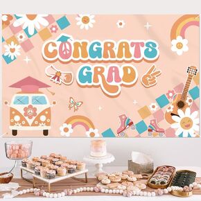 Groovy Graduation Backdrop 80s Vintage Congrats Grad Fabric Banner Hippie Graduation Party Decoration Wall Arts