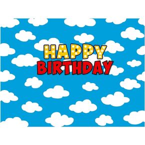 Peryiter 8 x 6 Ft Blue Sky White Clouds Photography Backdrops Kid Happy Birthday Party Backdrop Decoration Cartoon Photo Background Polyester Studio Props for Boy Girl Cake Table Supplies