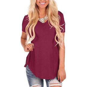 تي شيرت نسائي صيفي برقبة على شكل حرف V فضفاض بحاشية منحنية وأكمام قصيرة in Kuwait