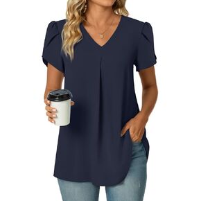 POPYOUNG Women's Summer Dressy Chiffon Blouses Short Sleeve V Neck Tunic Tops for Leggings Casual T-Shirts in Kuwait