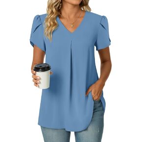 POPYOUNG Women's Summer Dressy Chiffon Blouses Short Sleeve V Neck Tunic Tops for Leggings Casual T-Shirts